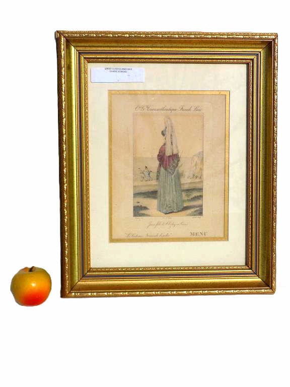 FRENCH TRANSATLANTIC FASHION PRINT SHIP MENU: Antique French Transatlantic / Transatlantique French Ship Line Fashion Print Menu. Featuring Jeune Fille de St Valery en Caux. Les Costumes Normands de Jadis. Printed In France. 15" x 17.50" Fancy Go