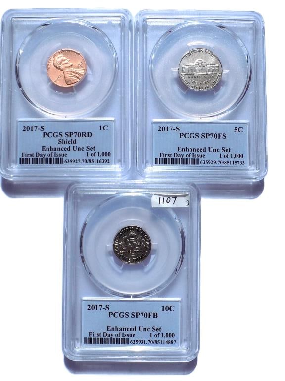 U.S. MINT 2017 S PROOF 1 5 10 CENT PCGS SP70 COINS: United States San Francisco Mint 2017 First Day of Issue Enhanced Uncirculated Set Including Lincoln Shield Penny, Jefferson Liberty Nickel, Roosevelt Dime. 225th Anniversary U.S. Mint Washington DC