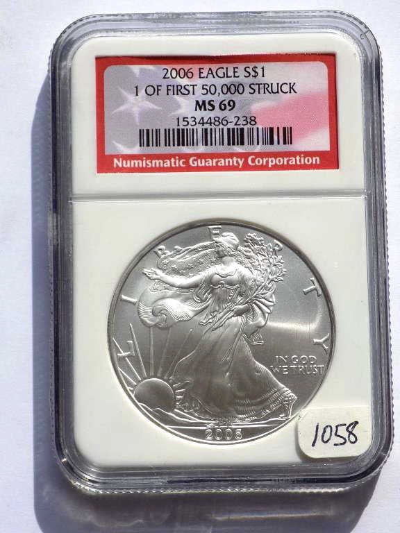 US MINT 2006 FIRST STRIKE SILVER EAGLE NGC MS 69: United States Mint 2006 First Strike Silver Eagle $1 Dollar Coin. Walking Liberty Obverse, Heraldic Eagle Reverse. 1 Oz Fine Silver. NGC Sealed & Graded MS 69