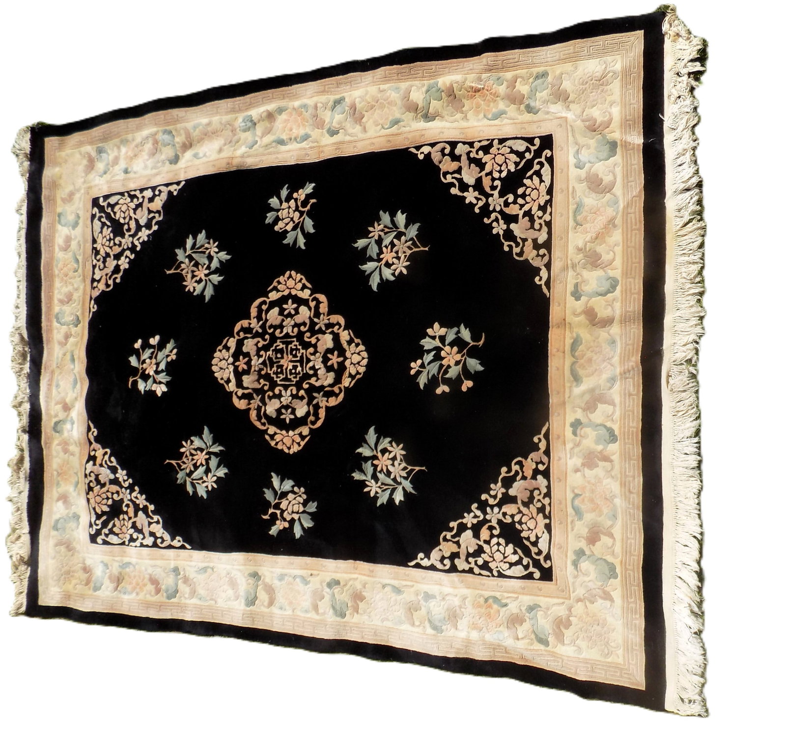 LUXURIOUS CHINESE FLORAL SCULPTED RUG 8' X 10': Luxurious Chinese Floral Sculpted Room Size Rug. Decorated with Floral Design and Noir Black Ground. Thick Pile. 8' x 10' Shipping Measurements comingFrom An Upscale Hudson Valley Estate