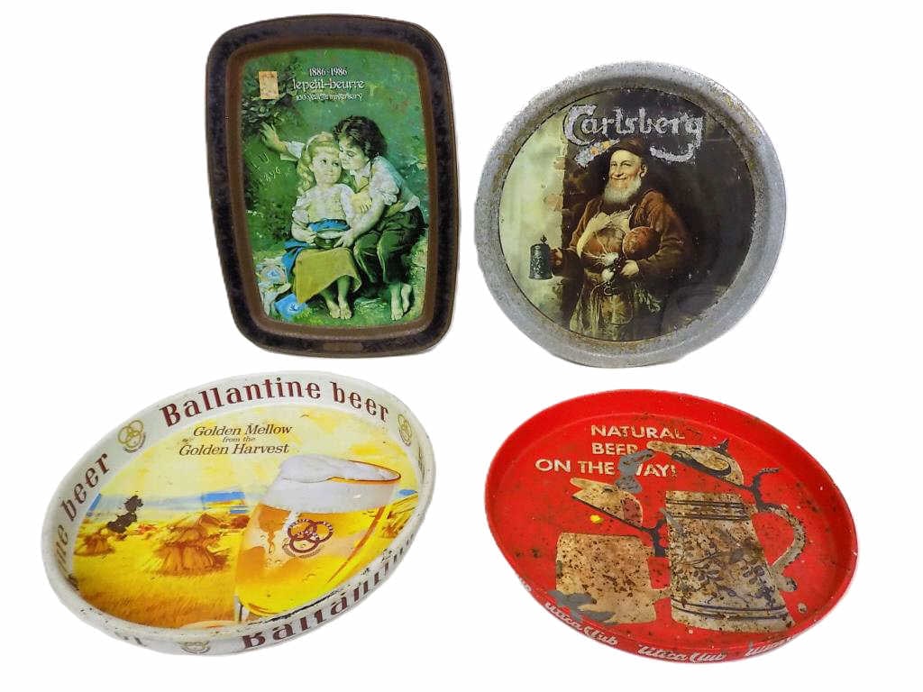 UTICA BALLANTINE CARLSBERG LEPETIT BEURRE TRAYS: Vintage Group of Metal Beer Advertising Trays. Including Lepetit Beurre, Carlsberg, Ballantine Golden Mellow Golden Harvest and Utica Club. Combined Measurement 13.50" x 3" x 15" 3 lbs