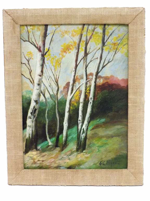 GEORGE LOFTUS NOYES - BIRCH TREES PAINTING: George Loftus Noyes - Canada Massachusetts New Hampshire 1864-1954 - Birch Trees Painting. Oil on Masonite. Signed Lower Right. Linen Border Frame Measures 11" x 1" x 14" 2 lbs Provenance: Prominent N