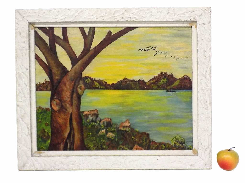 SERENA - LUMINIST RIVERSIDE PAINTING: Jo M. Serena - American 20th Century - Luminist Riverside Painting with Boat. Oil on Artist Board. Signed Lower Left. Wooden Frame Height 20" x Width 1" x Length 24" 4 lbs