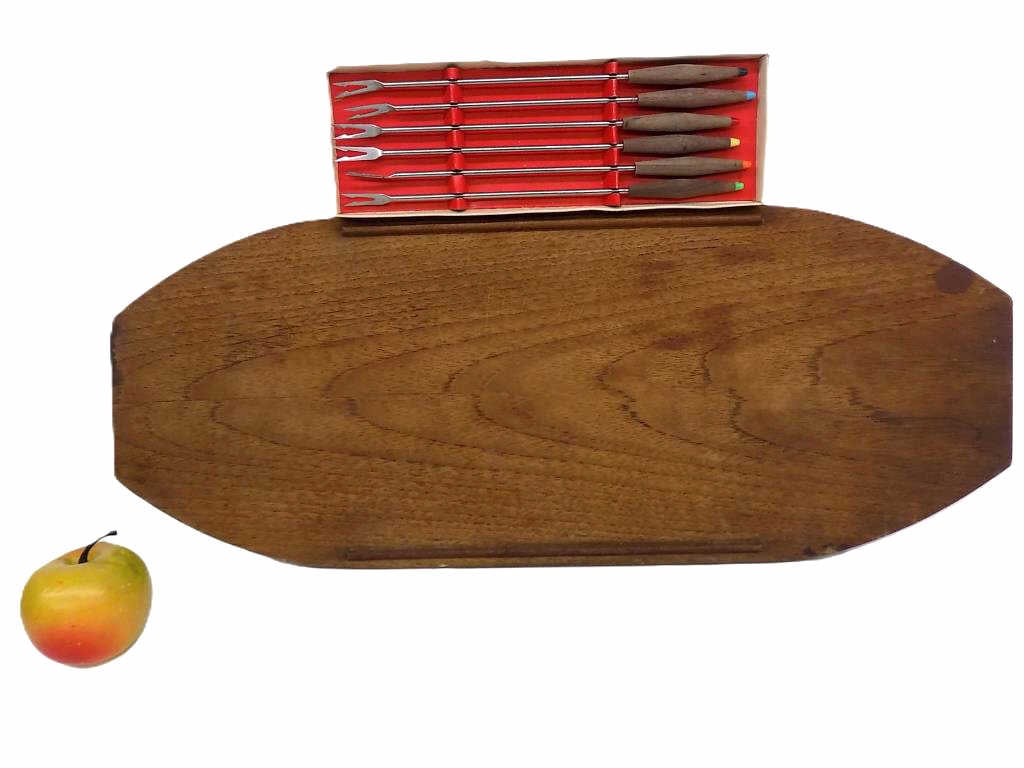 MIDCENTURY MODERN DANISH TEAK TRAY & FONDUE FORKS: Midcentury Modern Danish Teak Wood Tray. Signed Illegibly Jaison Oour ?. Along with a Set of 6 Fondue Forks with Multi Color Handles. Height 1" x Width 9.50"" x Length 22.25" 1 lb Tray missing 1 under
