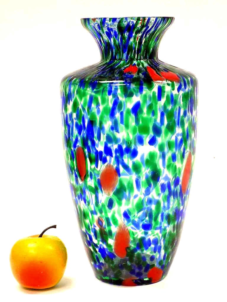 BIG MIDCENTURY ITALIAN ART GLASS VASE: Big Midcentury Italian Art Glass Vase. Decorated in Blue, Green and Red Color. Height 12.50". Base Label Provenance: From an Upscale New Jersey Estate.