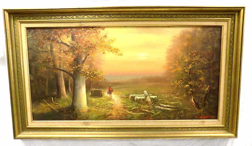 CHARLES CHENET - LUMINIST LANDSCAPE PAINTING: Charles Chenet - French 20th Century - Large Luminist Landscape Painting with Figures. Oil on Canvas. Signed and Dated (19) 64 Lower Margin. Signed, Titled, Dated Rear. Coucher de Soleil . 26" x 45.50