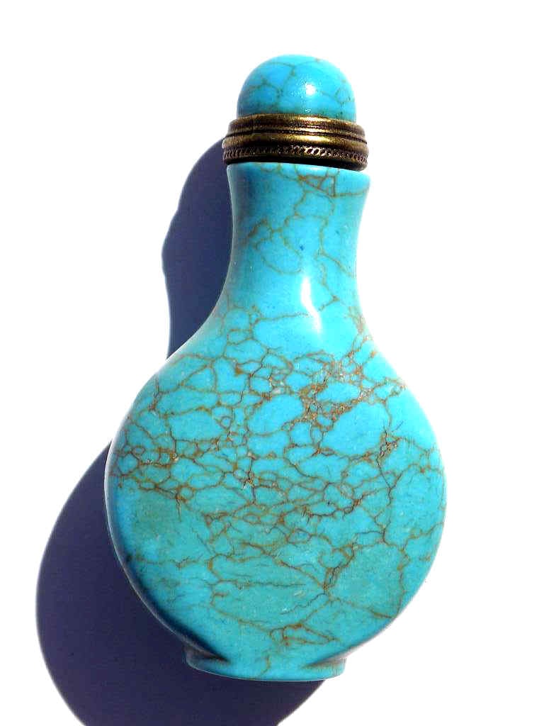 CHINESE SILVER & TURQUOISE SNUFF BOTTLE: 19th Century Chinese Carved Snuff Bottle with Silver Mounts. Turquoise with Gold Accents. Height 2 3/4"