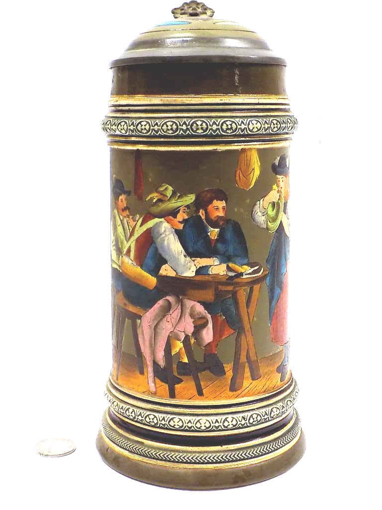 DEFREGGER GERZ DECORATING A HAT BEER STEIN: Antique S.P. Gerz Company Incised German Pottery Beer Stein Tankard. Entitled Decorating A Hat. No. 1215 With Base Logo. Central image taken from a painting by Franz Defregger (1835-1921) 1 Liter. Hei
