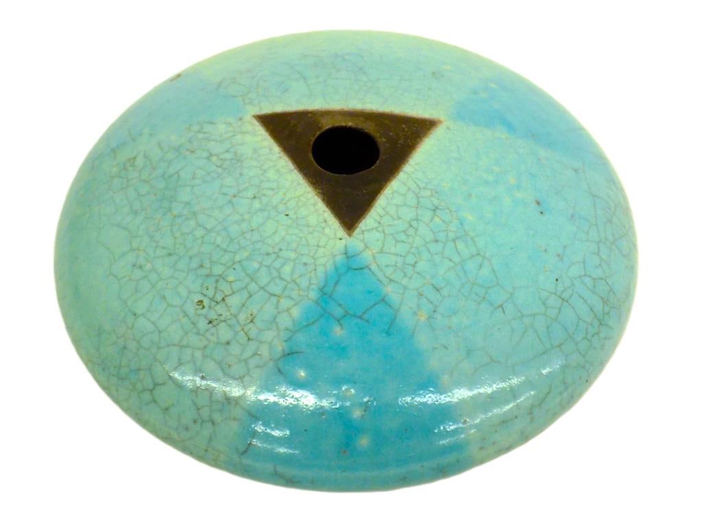 MIDCENTURY MODERN POTTERY BERENDS ART STUDIO VASE: Andrew Berends American 20th Century - Midcentury Modernist Style Art Studio Pottery Vase. Blue Crackle Glaze with Triangular Center. Signed, Dated Base. Height 2.50" x Diameter 6.50"