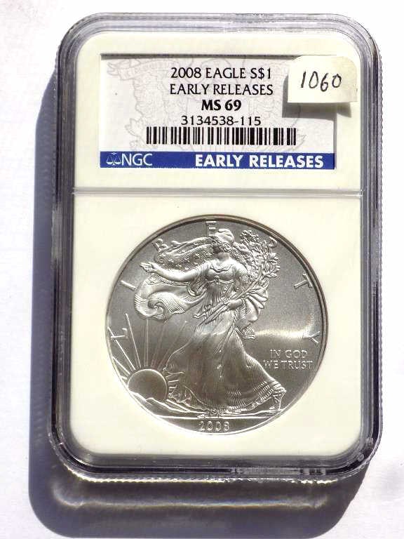US MINT 2008 EARLY RELEASE SILVER EAGLE NGC MS 69: United States Mint 2008 Early Release Silver Eagle $1 Dollar Coin. Walking Liberty Obverse, Heraldic Eagle Reverse. 1 Oz Fine Silver. NGC Sealed & Graded MS 69
