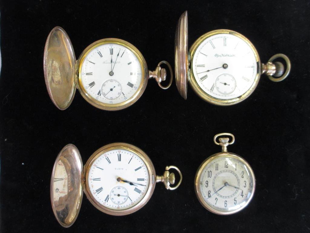 ANTIQUE POCKET WATCH LOT OF 4: Tavannes gold filled pocket watch in scrolled chase hunter case (running) along with an open face Waltham with gold filled floral & scroll chasework (occasionally running) , along with 2 goldfilled El
