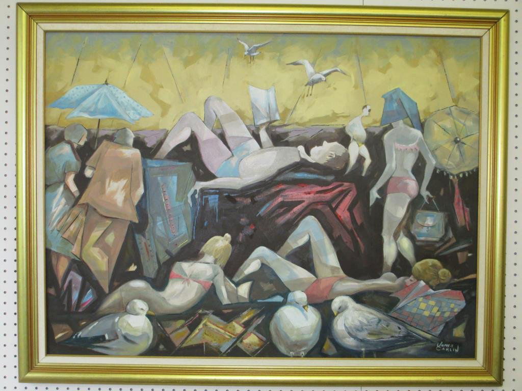 JAMES CARLIN - INDOLENCE MODERN PAINTING: James Carlin 1906-2005 American - Huge Modernist beach scene with people. Signed lower right en verso. H 30 x L 40" Provenance: Private Collection.