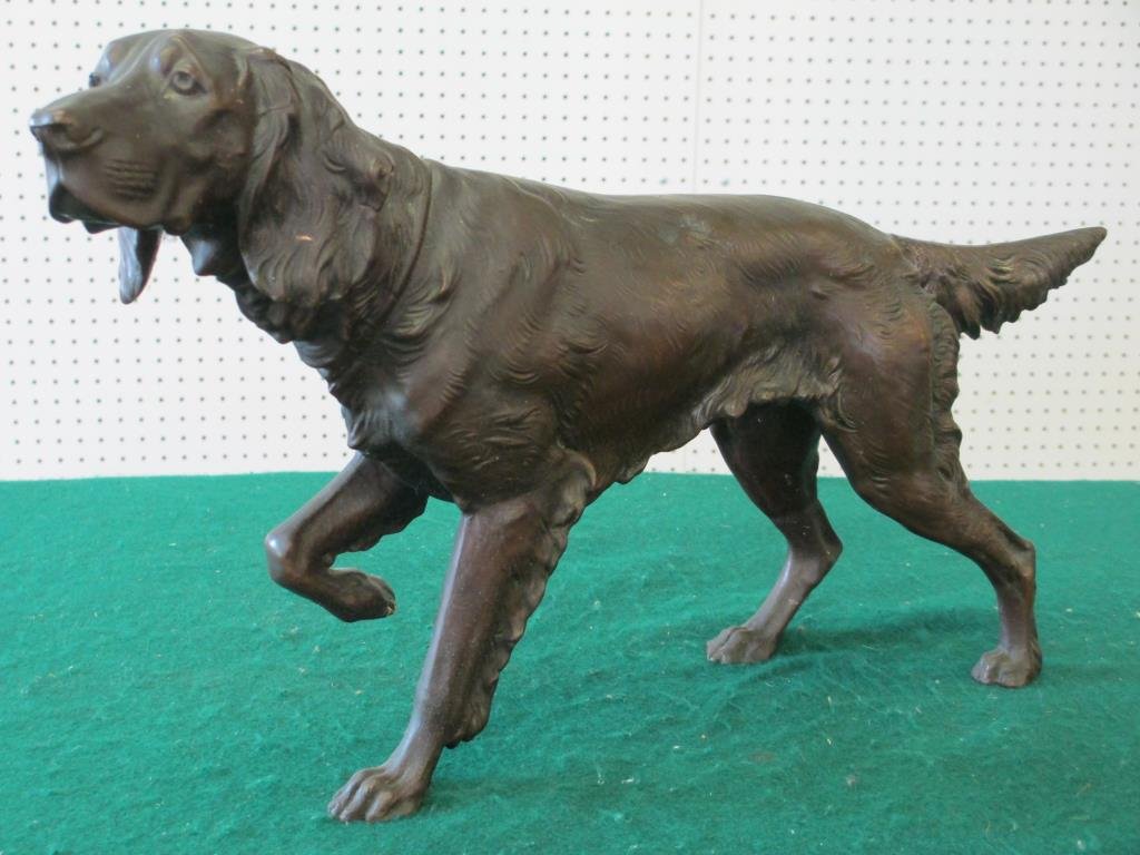 BRONZE HUNTING HOUND DOG STATUE: Vintage bronze hunting hound dog statue . Signed JB 2591 underside. H 9.50 x L 17. Condition: tail repaired