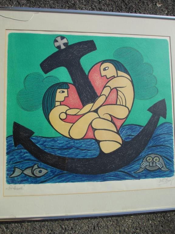 HEERUP - ANKERES ABSTRACT LITHOGRAPH: Henry Heerup Danish 1907-1993 - Abstract color lithograph entitled " Ankeres " of male & female interwined around anchor . H 22 x L 24 matted sight size .