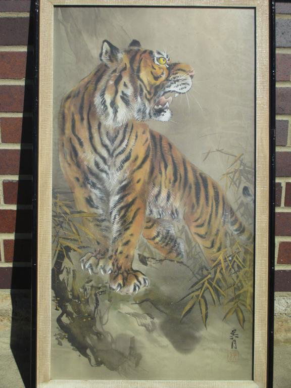 JAPANESE TIGER SILK GOUACHE PAINTING