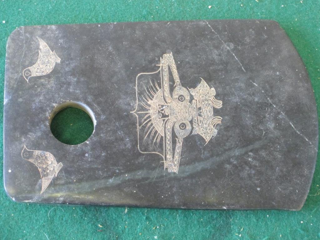 CHINESE CARVED JADE ARCHAIC AXE HEAD: Chinese carved jade hardstone archaic style axe head . Etched doves & warrior . L 9 3/4" x W 1/4".