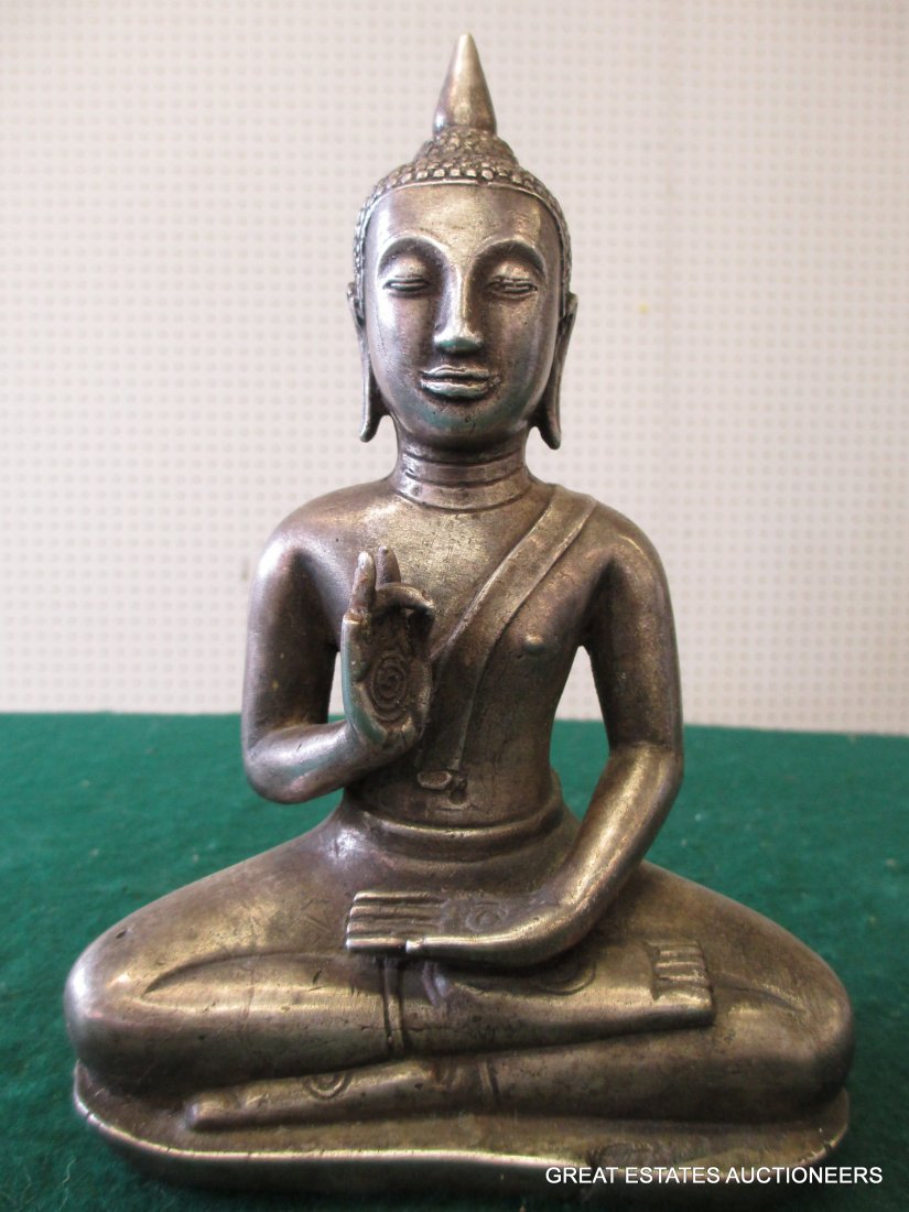 ANTIQUE THAI OR BURMA CHINESE BRONZE BUDDHA: Antique Thai or Burma seated bronze Buddha, silvered surface or cast from silver alloy, possibly 18th Century . H 7.50 x L 5