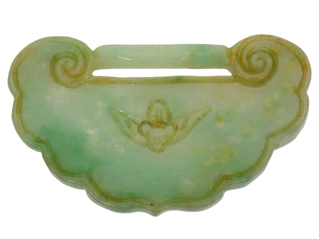 CHINESE GREEN JADIETE CLOUD & BAT BUCKLE PENDANT: Chinese Jadiete Cloud Form Buckle Pendant. Translucent with Celadon and Apple Green Highlights. Decorated with Carved Bat and Inscription