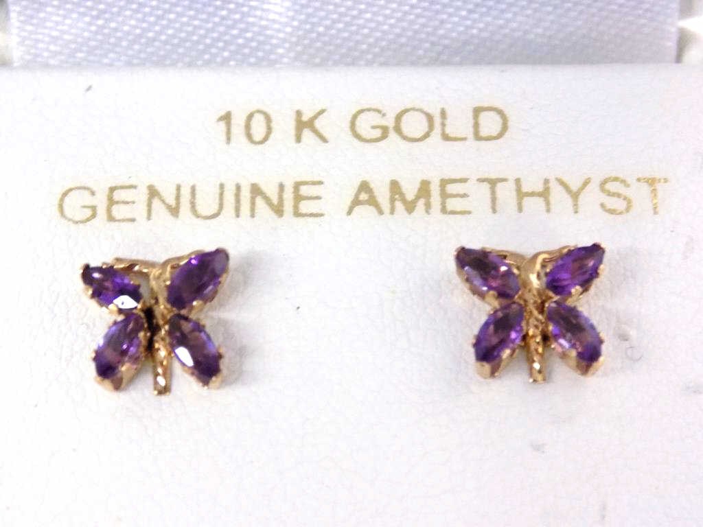 PRETTY 10K GOLD AMETHYST BUTTERFLY EARRINGS