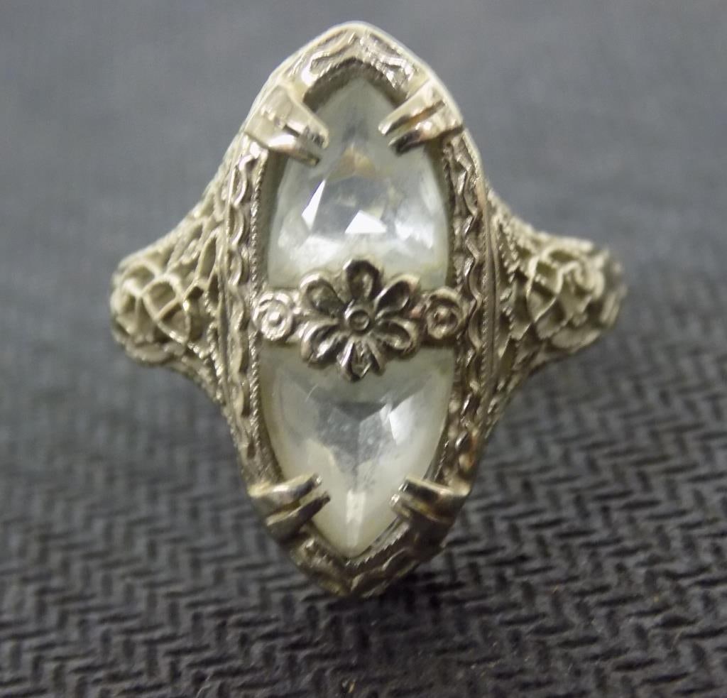 GORGEOUS 18K WHITE GOLD & SAPPHIRE HEARTS RING: Gorgeous Victorian Style 18k White Gold Fashion Ring. Extraordinary Openwork Setting with Heart Cut White Sapphires. Marked CKO 18K Size 3.5 grams
