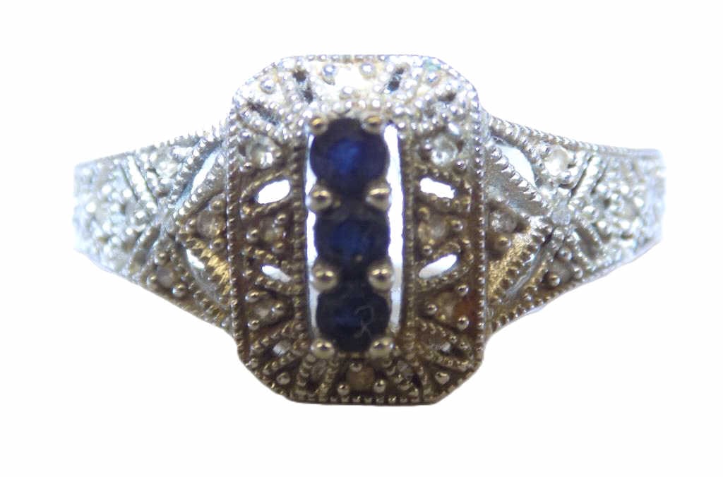 GORGEOUS 14K WHITE GOLD BLUE SAPPHIRE RING: Gorgeous Belle Epoque Solid 14k White Gold and Triple Blue Sapphire Fashion Ring. Ornate Reticulated Marcasite Setting. Size 3.9 grams