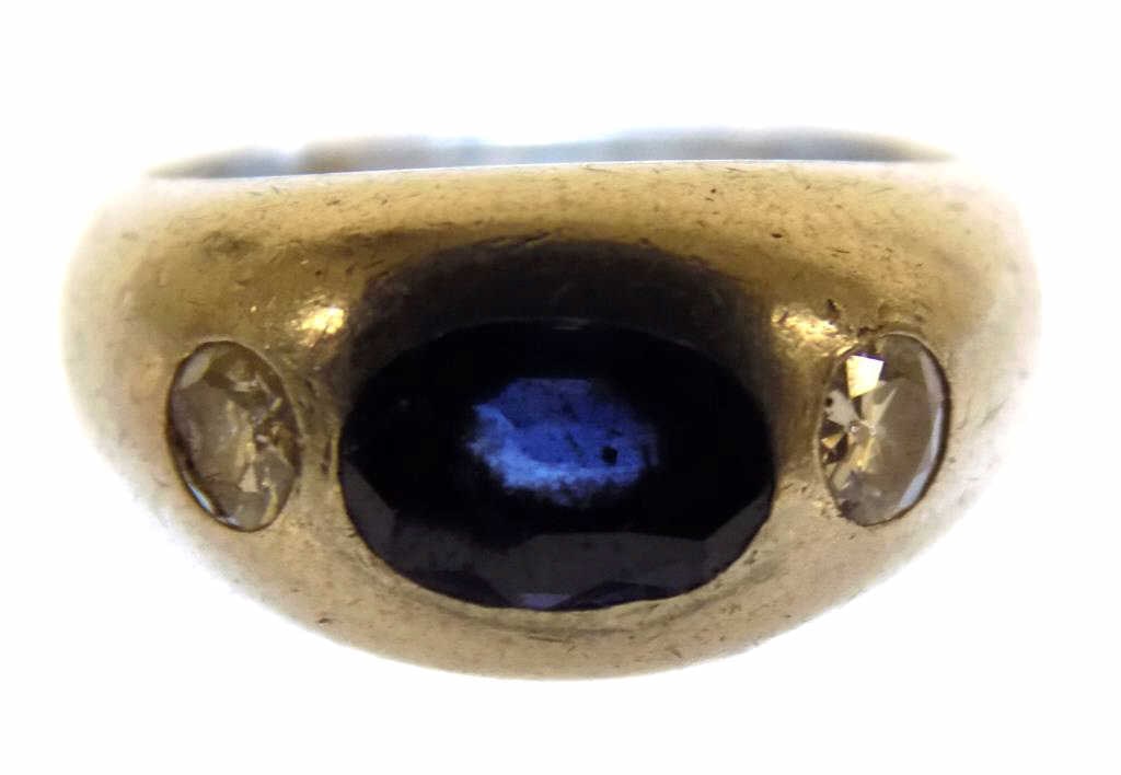 MODERNIST DECO PLATINUM DIAMOND BLUE SAPPHIRE RING: Modernist Deco Design Solid Platinum Ring. Featuring Blue Sapphire Oval Cut Gemstone and 2 Side Diamonds (1 chipped) Size 15 grams