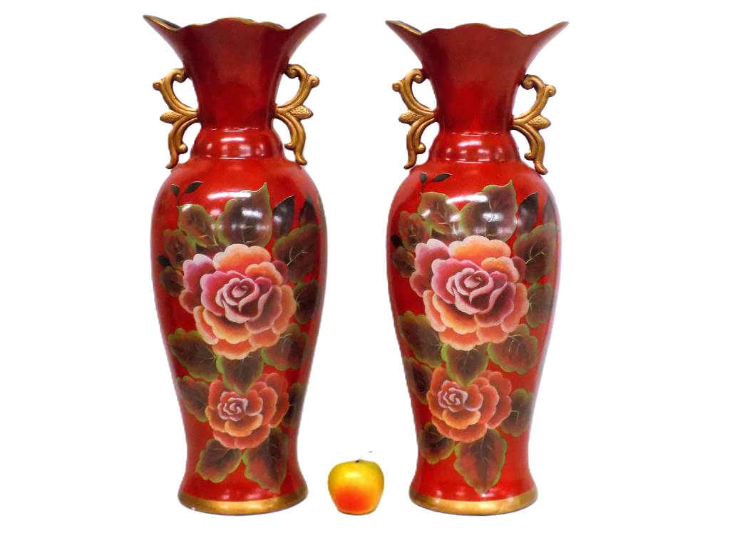 BIG ELEGANT FLORAL ROSES VASES: Big Elegant Floral Vases. Detailed Hand Painted Ceramic with Gold Gilt Highlights. Height 22.50" x 7.50" x 7.50" 13 lbs