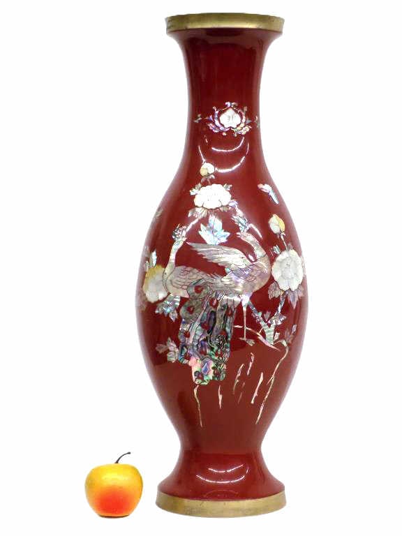 ELEGANT OX BLOOD RED ABALONE PEACOCKS VASE 23": Elegant Asian Brass Vase. Ox Blood Red Enamel with Inlaid Abalone Decoration with Mythologic Peacocks, Blossoms and Butterflies. Height 23" x 7" x 7" 7 lbs. Very nice condition