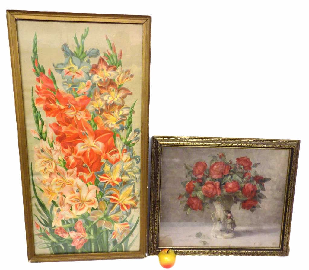 BIBRA - CHILDSI - ROSES & GLADIOLUS FLORAL PRINTS: C.V. Bibra Signed Victorian Maiden Vased Roses Still Life Print. Along with Tall Vibrant Gladiolus Flowers Chromolithograph Signed Childsi. Antique Gold Gilt Frame Measurements: 18.50" x 1" x 22" and