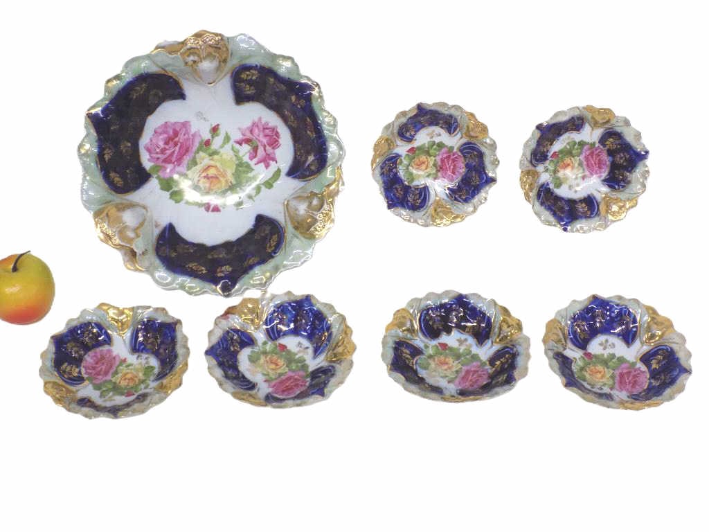 GORGEOUS IPF GERMANY PORCELAIN BOWL SET: Gorgeous Antique Set of IPF Ilmenauer Porzellanfabrik Company Germany Porcelain Bowl Set. Elaborate Floral Rose Decoration with Cobalt Blue and Gold Gilt Accents. Bases Marked. Set Includes 1 Large