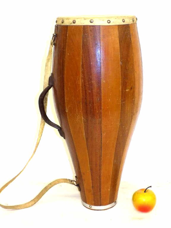 VINTAGE MAHOGANY & CARIBBEAN PINE CONGA DRUM: Vintage Mahogany & Caribbean Pine Conga Drum Musical Instrument. With Carrying Handle & Strap. Height 21.50" x 8.50" x 8.50" 4 lbs