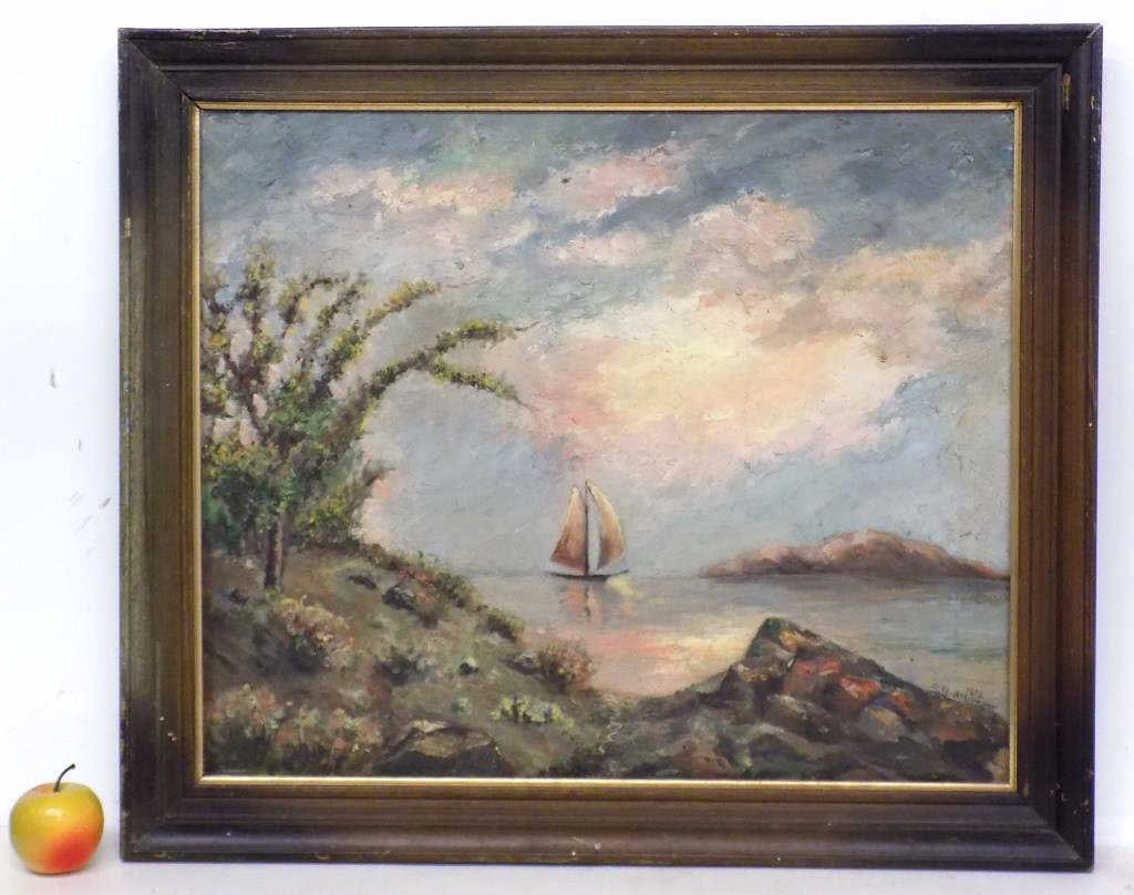 E. ALBURGER HUDSON RIVER VALLEY SAILBOAT PAINTING: E. Alburger - American 20th Century - Hudson River Valley Sailboat Painting. Oil on Canvas. Signed and Dated 1954 Lower Right . Newburgh History Label Rear. Antique Wooden Frame Measures 24.25" x 2" x