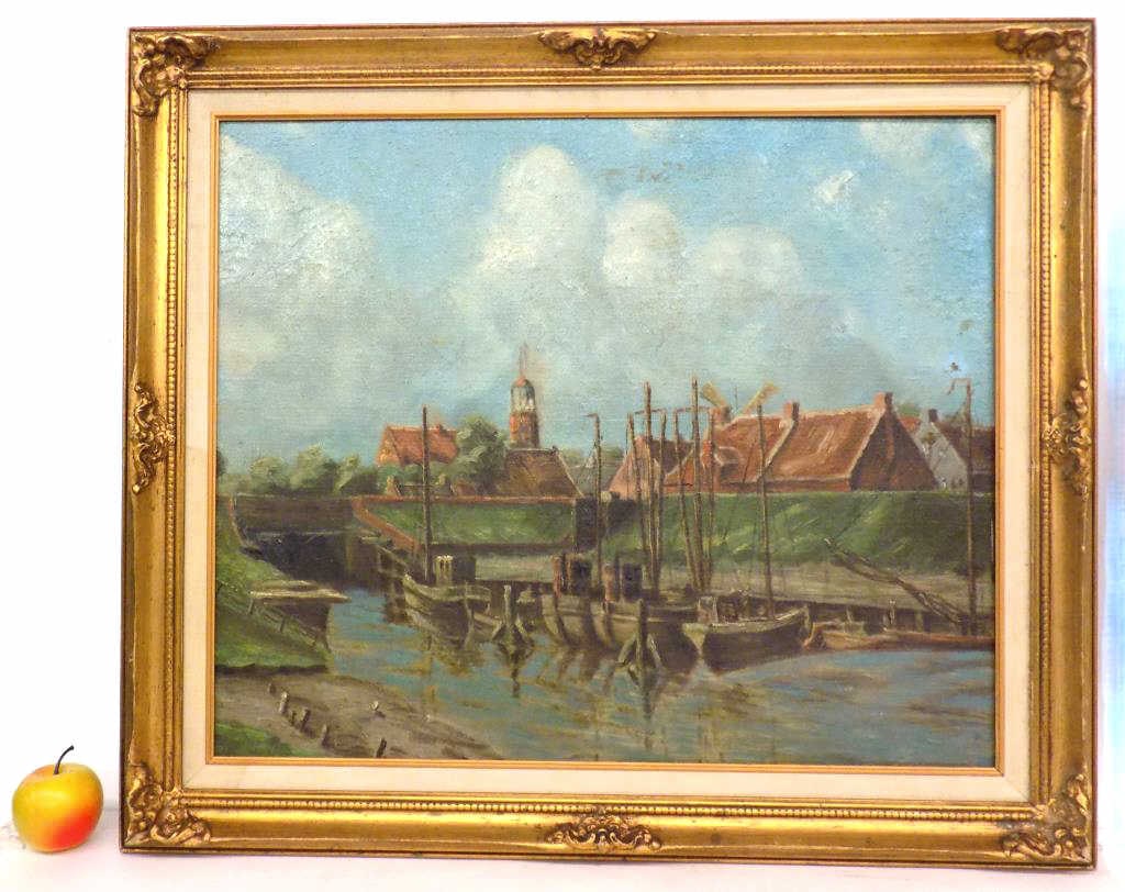 EUROPEAN HARBOR CANAL BOATS PAINTING: Antique European Harbor Canal Boats Painting. Industrial Buildings In Background. Oil on Masonite. Victorian Gilt Frame Measures 25.25" x 1" x 29.25" 7 lbs From a Prominent New York Estate Collection