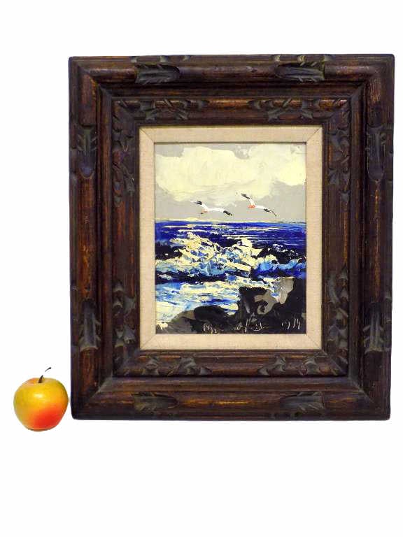MORRIS KATZ - SEA SHORE PAINTING: Morris Katz - American New York Ukraine 1942-2010 Midcentury Imposto Sea Shore Painting with Flying Seagulls. Oil on Masonite. Signed & Dated 1974 Lower Right. Midcentury Carved Wood Frame Measures 16
