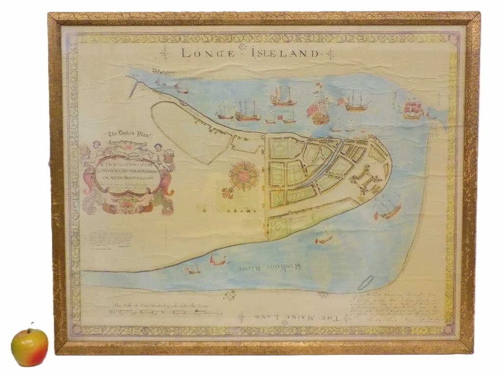 1664 HUDSON RIVER FACSIMILE MAP W/ NEWSPAPER PAGE: 1664 Duke's Plan Topographical New Amsterdam Facsimile Map. Replicating the George Moore 1858 Original which was used for DT Valentine's Manual for 1859. Includes Early View of Long Island, Hudson Riv