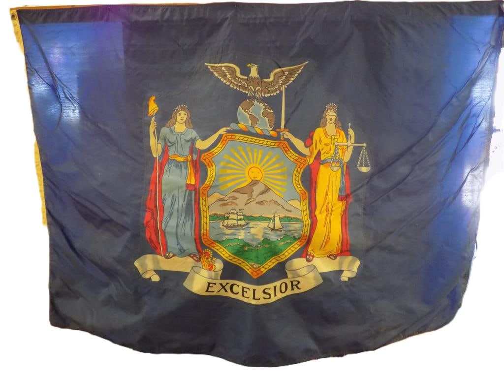 VINTAGE NYLGLO NEW YORK STATE BANNER FLAG 45" x 64: Vintage Circa 1950's 60's Nyl Glo Manufacturing Official New York State Insignia Banner Flag. Nylon with Full Color Graphics. 45" x 1" x 64.50" 1 lb