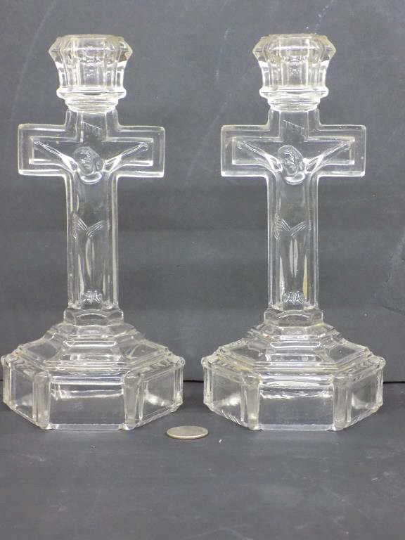 ANTIQUE JESUS CROSS GLASS CANDLESTICKS: Antique Pair of Jesus Crucifixion Cross Glass Candlesticks. Height 9.50" x 4" x 4" 3 lbs
