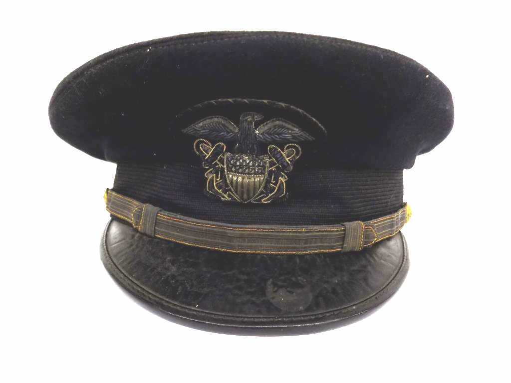WORLD WAR I NAVY OFFICERS UNIFORM HAT EAGLE PATCH: Authentic World War I Navy Officers Uniform Hat / Cap. Embroidered American Eagle, Sheild and Anchor Patch with Silver Metal Borders. Gold Gilt American Eagle Strap Buttons. Inside Marked WRR 10.50" x