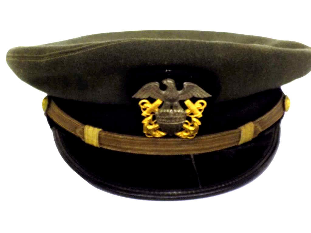 WORLD WAR II NAVY OFFICERS UNIFORM HAT EAGLE PIN: Authentic World War II Navy Officers Uniform Hat / Cap. Embroidered American Eagle, Sheild and Anchor Pin with Silver & Gold Gilt Metal. Gold Gilt American Eagle Strap Buttons. Inside Marked WRR 10.50