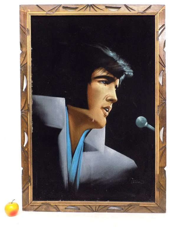 GELVEZ ELVIS PRESLEY VELVET PAINTING 28" x 40": Gelvez American 20th Century - Giant Vintage Elvis Presley Black Velvet Painting. Depicting The Legendary Musical Icon in White Robe. Signed Lower Right. Carved Wood Frame Measures 28" x 1" x 40" 5 LB