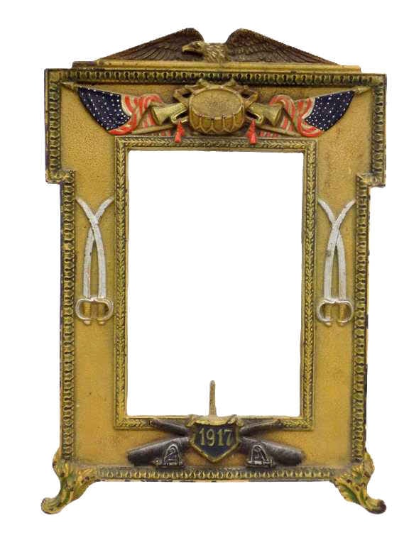 ANTIQUE PATRIOTIC AMERICAN EAGLE CAST IRON FRAME: Antique HL Judd Mfg Co. Circa 1915 World War I Patriotic American Eagle Cold Painted Cast Iron Picture Frame. Rear Swing out Leg. Also Features Draped American Flags, War Drum, Bugles, Artillery Sword