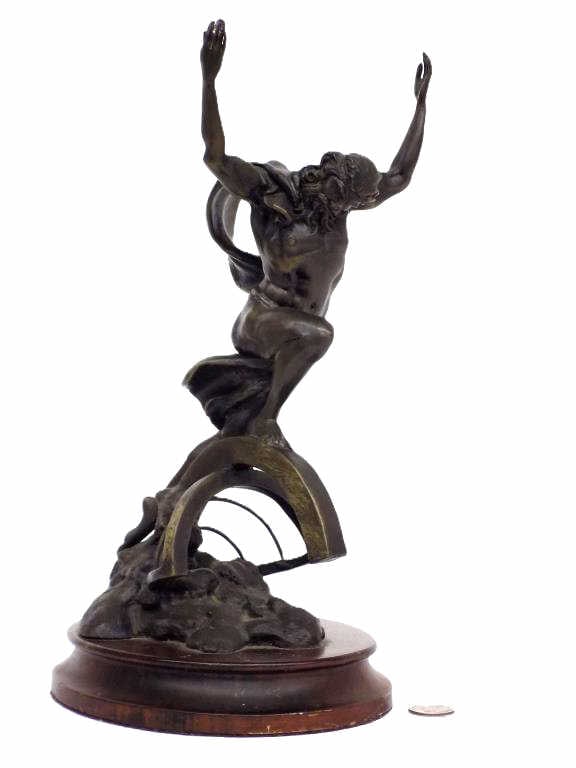 STUART MARK FELDMAN ATLAS MYTHOLOGIC BRONZE GOD: Stuart Mark Feldman American 20th Century - Mythologic God Atlas Solid Bronze Sculpture. Gold Emblem Base. Mounted on Redwood Plinth. Total Measurements 10.25" x 5" x 6" (base) 4 lbs