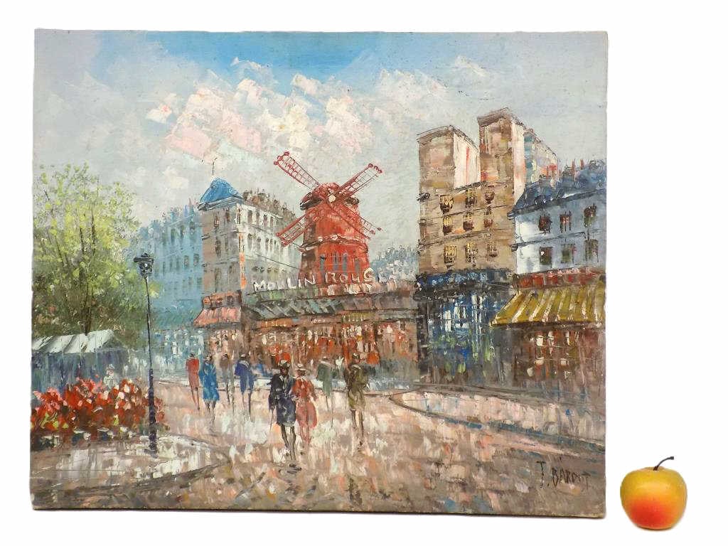 T BARDOT - MOULIN ROUGE IMPRESSIONIST PAINTING: T. Bardot - French 20th Century - French Impressionist Village Painting with Figures and Moulin Rouge in Background. Oil on Canvas. Signed Lower Right. 20" x 1" x 24" 2 lbs