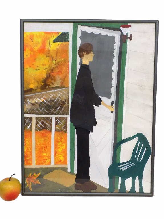 LLYN TONNER - MIDCENTURY GOLDEN BOY PAINTING: Llyn Tonner - American Woodstock NY - Midcentury Golden Boy Painting. Gold and Silver Highlights. Oil on Paper. Signed Rear. Brushed Metal Frame Measures 15.50" x 1" x 20.25" 4 lbs