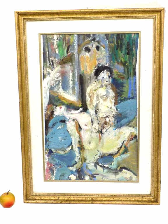 VAN GEMMILL ABSTRACT EXPRESSIONIST NUDES PAINTING: Van Gemmill - Abstract Expressionist Erotic Nudes Painting. Acrylic on Canvas. Signed Rear. Gilt Beaded Border Frame Measures 24" x 1.25" x 32.50" 10 lbs Provenance: Prominent New York Estate Collecti