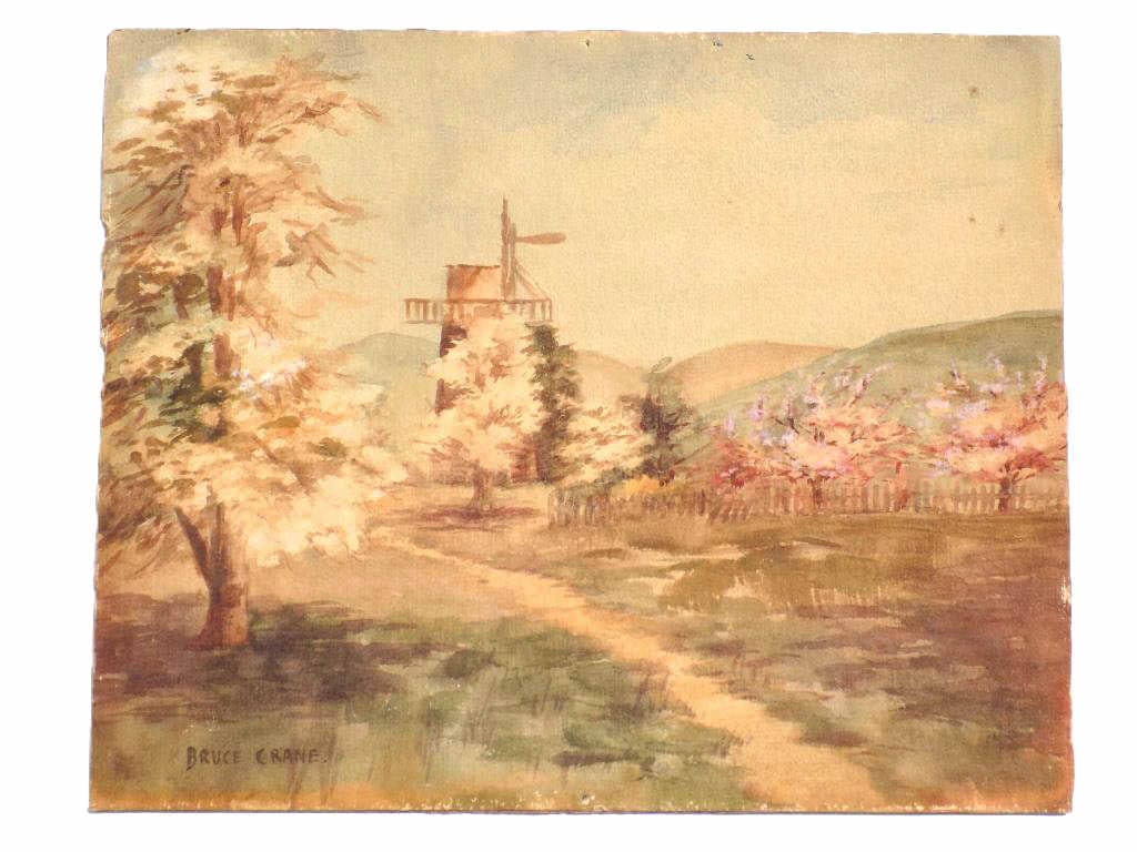 BRUCE CRANE - ADIRONDACKS LANDSCAPE WATERCOLOR: Robert Bruce Crane American New York 1857-1937 - Adirondacks Country Landscape Watercolor Gouache Painting. Depicting Various and Windmill. TreesSigned Lower Left. 9" X 1" X 11" 1 lb Provenance: Promi