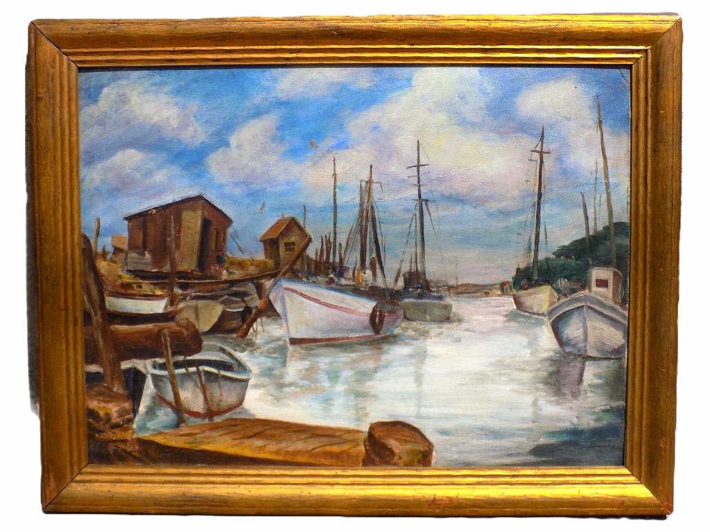 EMILLE GRUPPE GLOUSTER BAY BOATS PAINTING 21" x 28: Emille Gruppe American Rochester New York / Massachusetts1896-1978 - Impressionist Glouster Massachusetts Harbor Scene Painting With Boats. Oil on Artist Board. Signed Lower Left. Antique Gilt Wood Fr