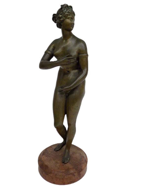 19TH CENTURY GRAND TOUR VENUS GILT BRONZE STATUE: After Praxiiteles Athens Greece 4th Century BC - 19th Century Grand Tour Capitoline Venus Gilt Bronze Statue on Rouge Marble Base. Deriving From The Aphrodite of Cnidus. Total Height 13.25" x 4.25" x 