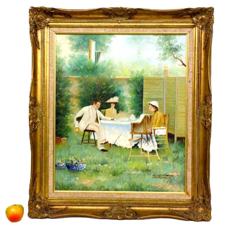 JAN REYNOLD - WEALTHY FAMILY PAINTING 27" x 31": Jan Reynold American 20th Century - Tranquil Painting of a Wealthy Family Having Tea. Oil on Canvas. Signed Lower Right. Fancy Victorian Gilt Frame Measures 27" x 2" x 31" 8 lbs From a Prominent New Y
