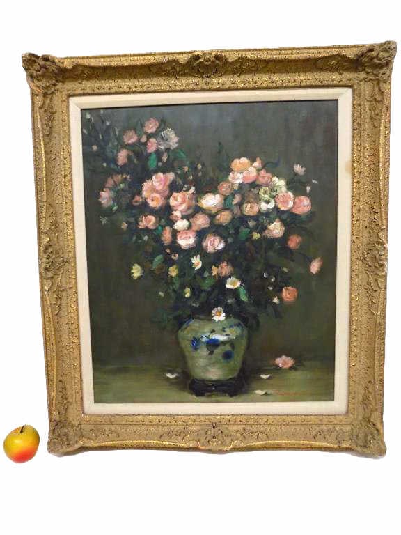 RAPHAEL PEROT GORGEOUS FLOWER STILL LIFE PAINTING: Raphael Perot ? 20th Century - Big Gorgeous Flower Still Life Painting. Depicting Pink Roses and Daisies in a Blue Slip Stoineware Vase. Oil on Canvas. Signed Lower Right. Ornate Victorian Gilt Frame 